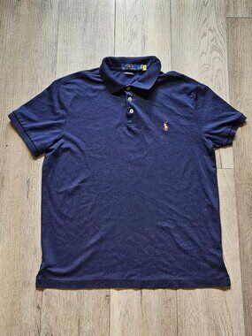Polo Ralph Lauren Mens Size L Navy Blue Custom Slim Fit Polo Shirt Gold Pony L